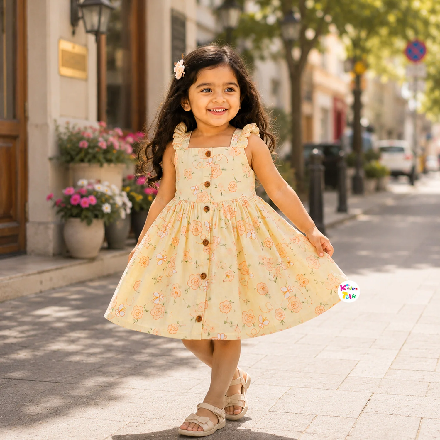 Muslin Ruffle Sleeve Frock With Cute Floral Print - Lemon Yellow